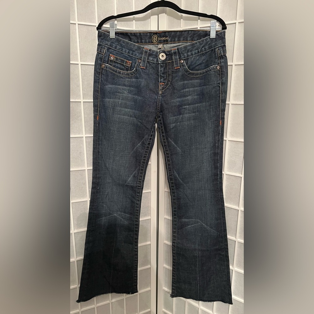 BEBE Classic Blue Bootcut/Flare Rhinestone Logo Pockets Denim Jeans